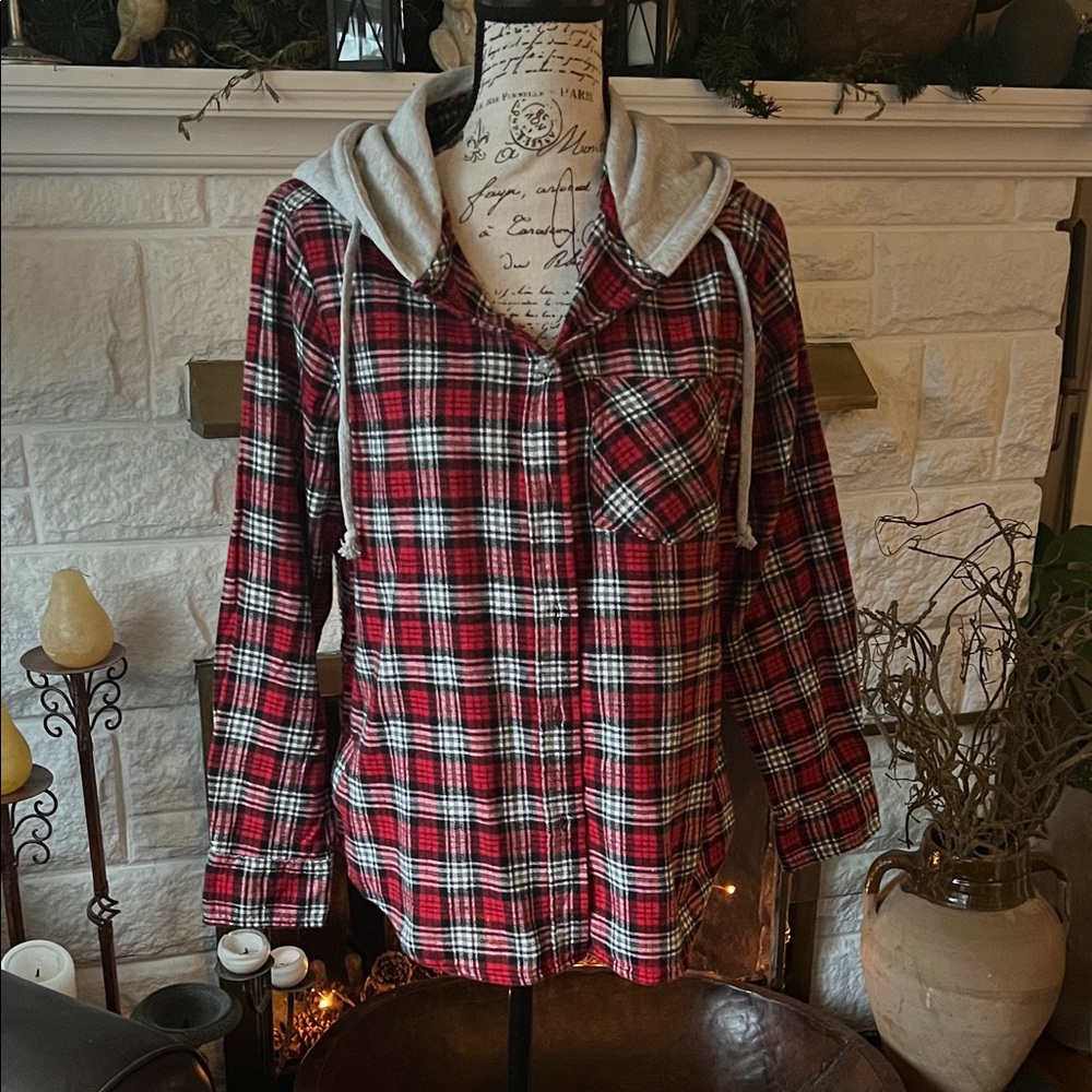 Plaid Button Down Shirt with Hood
